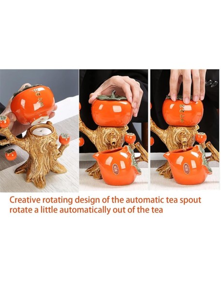 Chinese Ceramic Kungfu Tea Set Gift,Traditional Wedding Decoration Supplies,Semi-Automatic Stone-Mill Design Handmade Ceramics Tea Pot 6 Cups Japanese Kung Fu Tea Orange