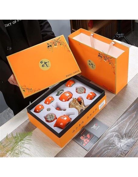 Chinese Ceramic Kungfu Tea Set Gift,Traditional Wedding Decoration Supplies,Semi-Automatic Stone-Mill Design Handmade Ceramics Tea Pot 6 Cups Japanese Kung Fu Tea Orange
