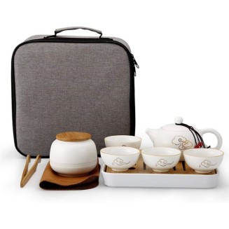 Travel Tea Set Portable Ceramic Kung Fu Tea Set Office One Pot of Four Cups Tea Tray Tea Pot Tea Clip Tea Towel Handbag Xiangyun Ruyi Set Matte White Porcelain Tea Set