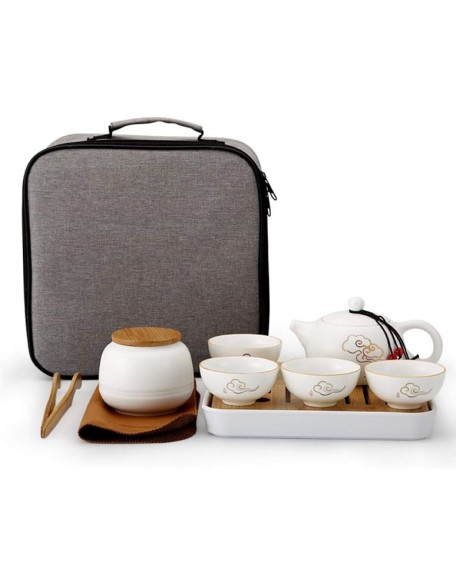 Travel Tea Set Portable Ceramic Kung Fu Tea Set Office One Pot of Four Cups Tea Tray Tea Pot Tea Clip Tea Towel Handbag Xiangyun Ruyi Set Matte White Porcelain Tea Set