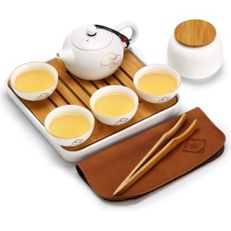 Travel Tea Set Portable Ceramic Kung Fu Tea Set Office One Pot of Four Cups Tea Tray Tea Pot Tea Clip Tea Towel Handbag Xiangyun Ruyi Set Matte White Porcelain Tea Set