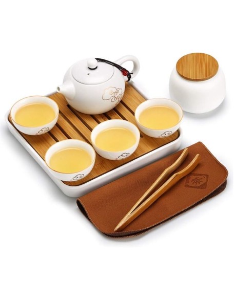 Travel Tea Set Portable Ceramic Kung Fu Tea Set Office One Pot of Four Cups Tea Tray Tea Pot Tea Clip Tea Towel Handbag Xiangyun Ruyi Set Matte White Porcelain Tea Set