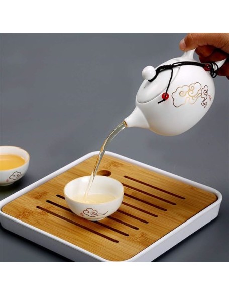 Travel Tea Set Portable Ceramic Kung Fu Tea Set Office One Pot of Four Cups Tea Tray Tea Pot Tea Clip Tea Towel Handbag Xiangyun Ruyi Set Matte White Porcelain Tea Set