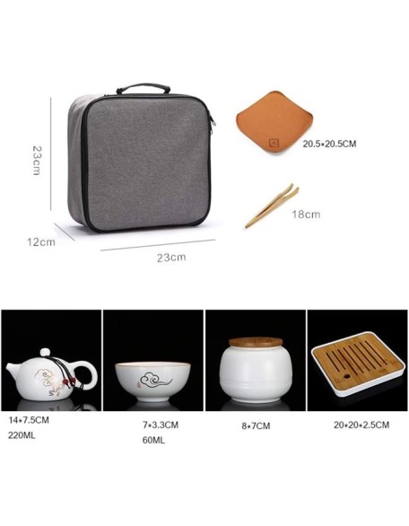 Travel Tea Set Portable Ceramic Kung Fu Tea Set Office One Pot of Four Cups Tea Tray Tea Pot Tea Clip Tea Towel Handbag Xiangyun Ruyi Set Matte White Porcelain Tea Set