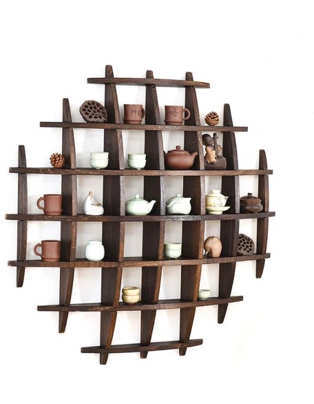 Solid Wood Tea Cup Holder Wall Decoration Tea Set Display Stand Vintage Multi-Color Teapot Rack (Size : A)
