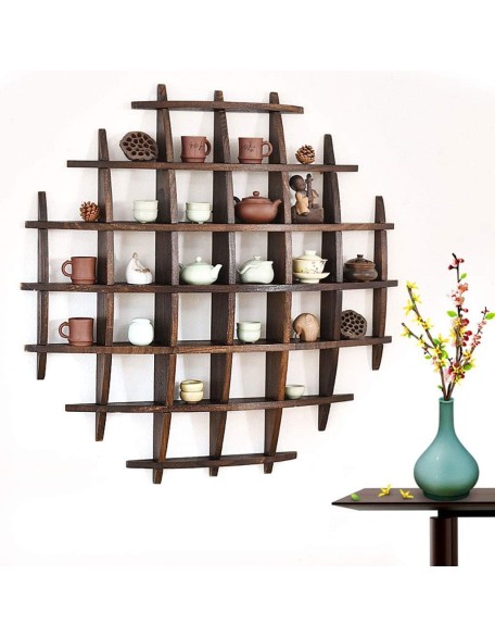 Solid Wood Tea Cup Holder Wall Decoration Tea Set Display Stand Vintage Multi-Color Teapot Rack (Size : A)