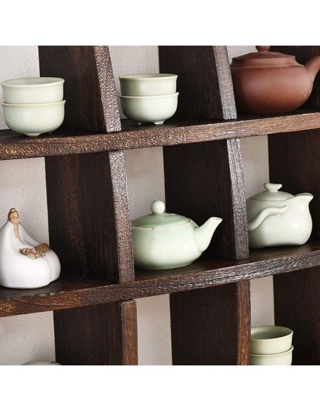 Solid Wood Tea Cup Holder Wall Decoration Tea Set Display Stand Vintage Multi-Color Teapot Rack (Size : A)