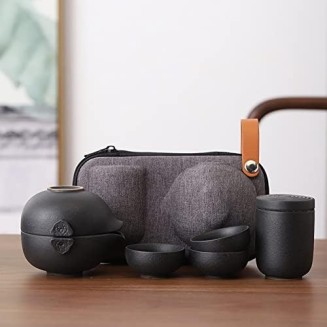 Tea Set Tea Set Teapot Tea Cup Black Ceramic Travel Kung Fu Tea Set Teaware Retro Pottery One Teapot Three Tea Cups Tea Caddy Portable Tea Pot Chinese GiftsTeapot