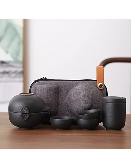 Tea Set Tea Set Teapot Tea Cup Black Ceramic Travel Kung Fu Tea Set Teaware Retro Pottery One Teapot Three Tea Cups Tea Caddy Portable Tea Pot Chinese GiftsTeapot