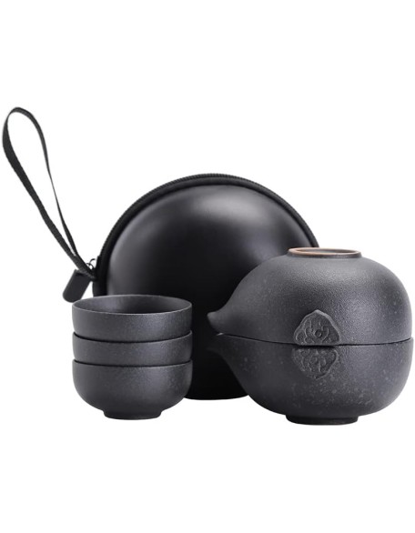 Tea Set Tea Set Teapot Tea Cup Black Ceramic Travel Kung Fu Tea Set Teaware Retro Pottery One Teapot Three Tea Cups Tea Caddy Portable Tea Pot Chinese GiftsTeapot