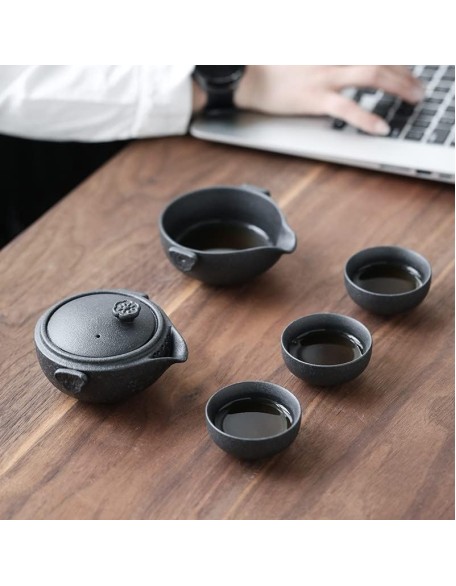 Tea Set Tea Set Teapot Tea Cup Black Ceramic Travel Kung Fu Tea Set Teaware Retro Pottery One Teapot Three Tea Cups Tea Caddy Portable Tea Pot Chinese GiftsTeapot