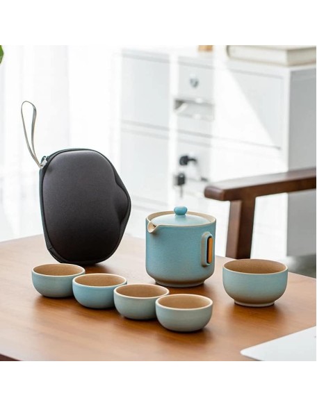 Travel Tea Set Ceramic Portable Teapot Household Tea Pot Cup Set Chinese Style Tea Cup Set Housewarming Gifts (Color : A, Size : Six-piece Set)
