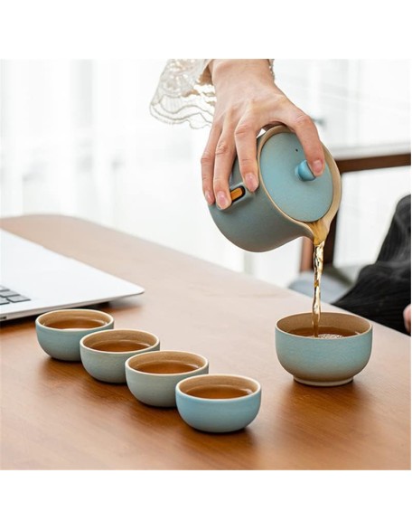 Travel Tea Set Ceramic Portable Teapot Household Tea Pot Cup Set Chinese Style Tea Cup Set Housewarming Gifts (Color : A, Size : Six-piece Set)