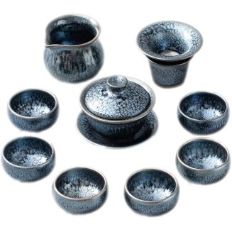 Ceramic Tea Sets, Jianzhan Tea Set, Chinese Kungfu Tea Cup Handmade Glaze Porcelain Tea Bowl Collection Cup Set with 6 Cups,1 Gaiwan,1 Fairness cup,1 filter