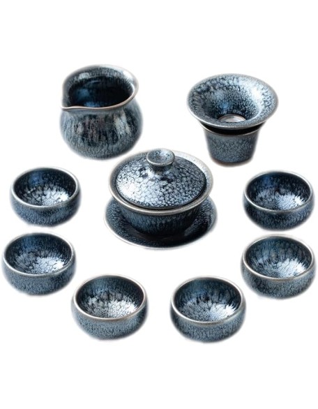 Ceramic Tea Sets, Jianzhan Tea Set, Chinese Kungfu Tea Cup Handmade Glaze Porcelain Tea Bowl Collection Cup Set with 6 Cups,1 Gaiwan,1 Fairness cup,1 filter
