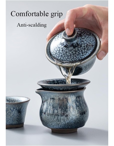 Ceramic Tea Sets, Jianzhan Tea Set, Chinese Kungfu Tea Cup Handmade Glaze Porcelain Tea Bowl Collection Cup Set with 6 Cups,1 Gaiwan,1 Fairness cup,1 filter