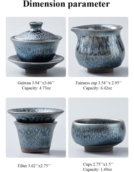 Ceramic Tea Sets, Jianzhan Tea Set, Chinese Kungfu Tea Cup Handmade Glaze Porcelain Tea Bowl Collection Cup Set with 6 Cups,1 Gaiwan,1 Fairness cup,1 filter